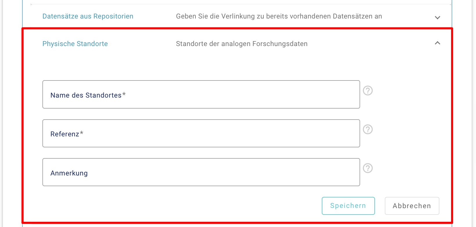 Bearbeitungsmaske des Standortes